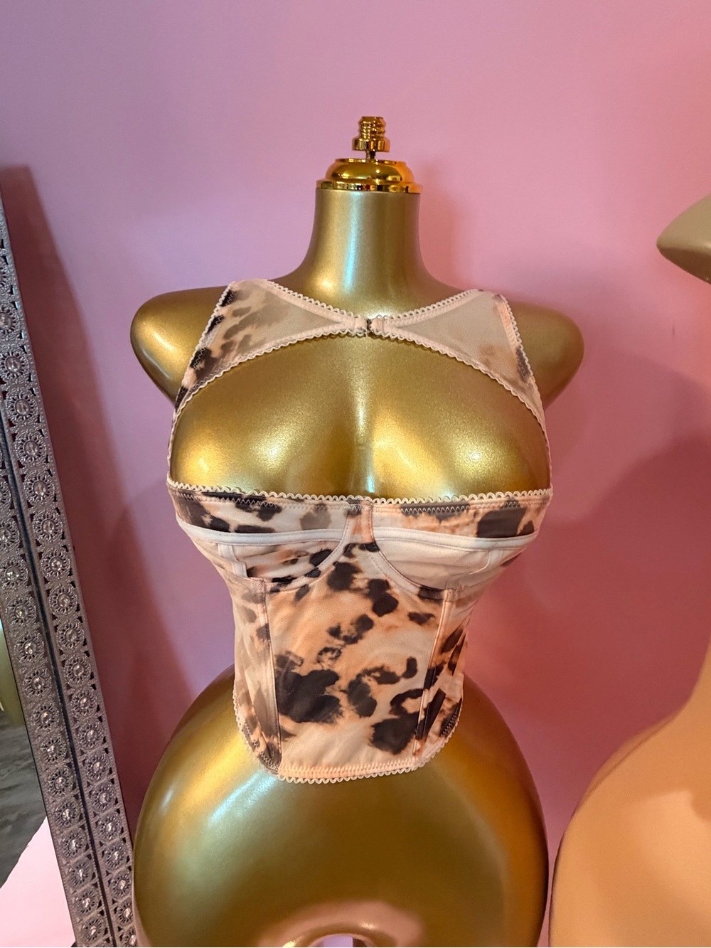 Sheer Leopard-Print Bustier Top - Beige/Pink